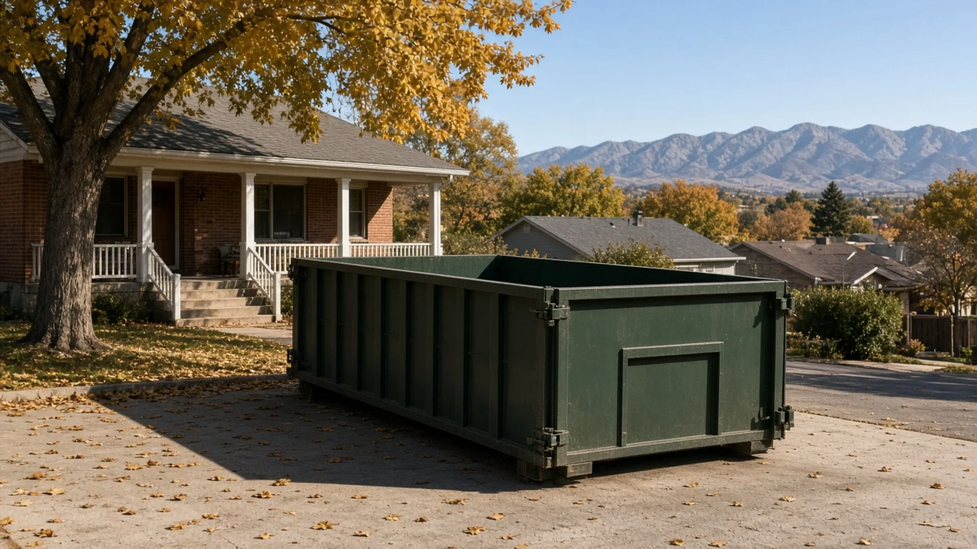 Dark green roll-off dumpster on the driveway of a brick bungalow under autumn trees in Berthoud, Colorado