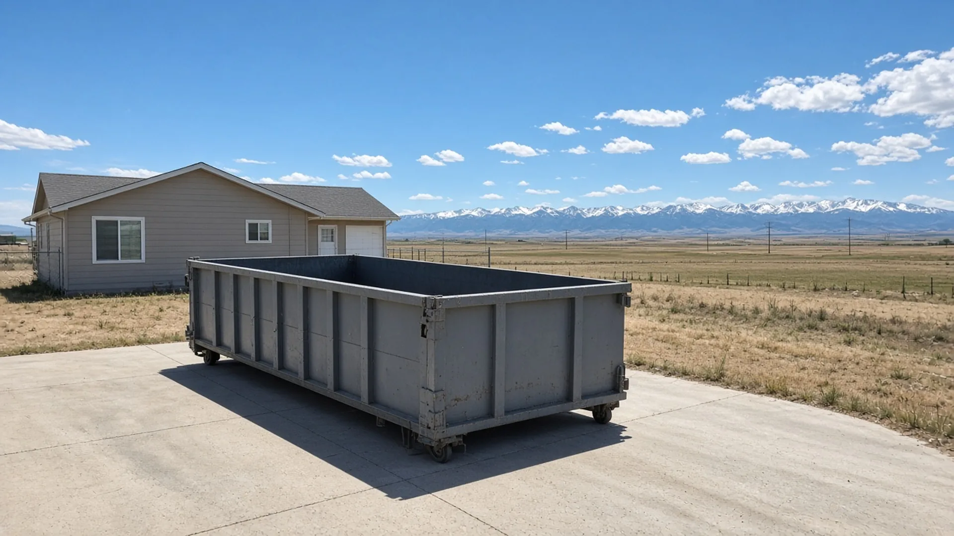 Gray roll-off dumpster on a ranch home driveway with open plains and snowy Rocky Mountain peaks in Dacono, Colorado