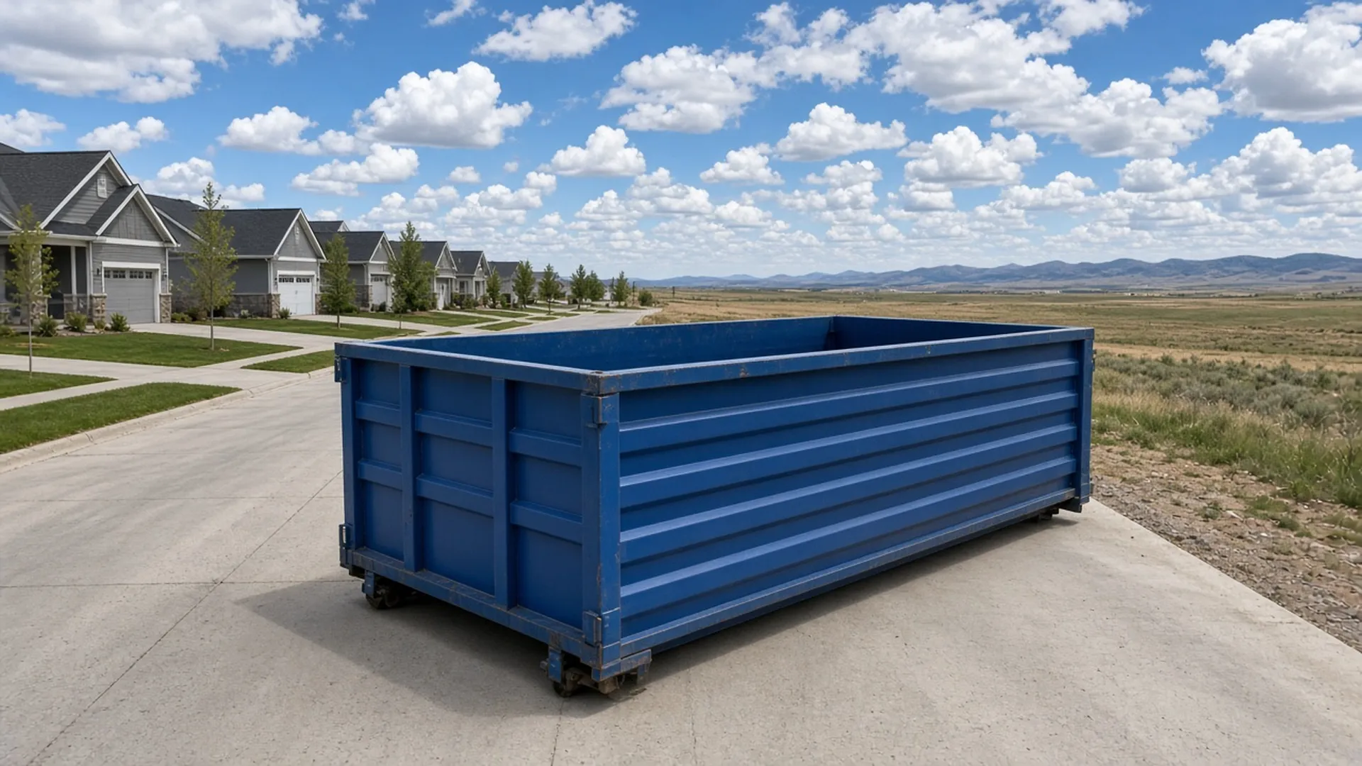 Blue roll-off dumpster at the end of a subdivision street beside open plains in Erie, Colorado