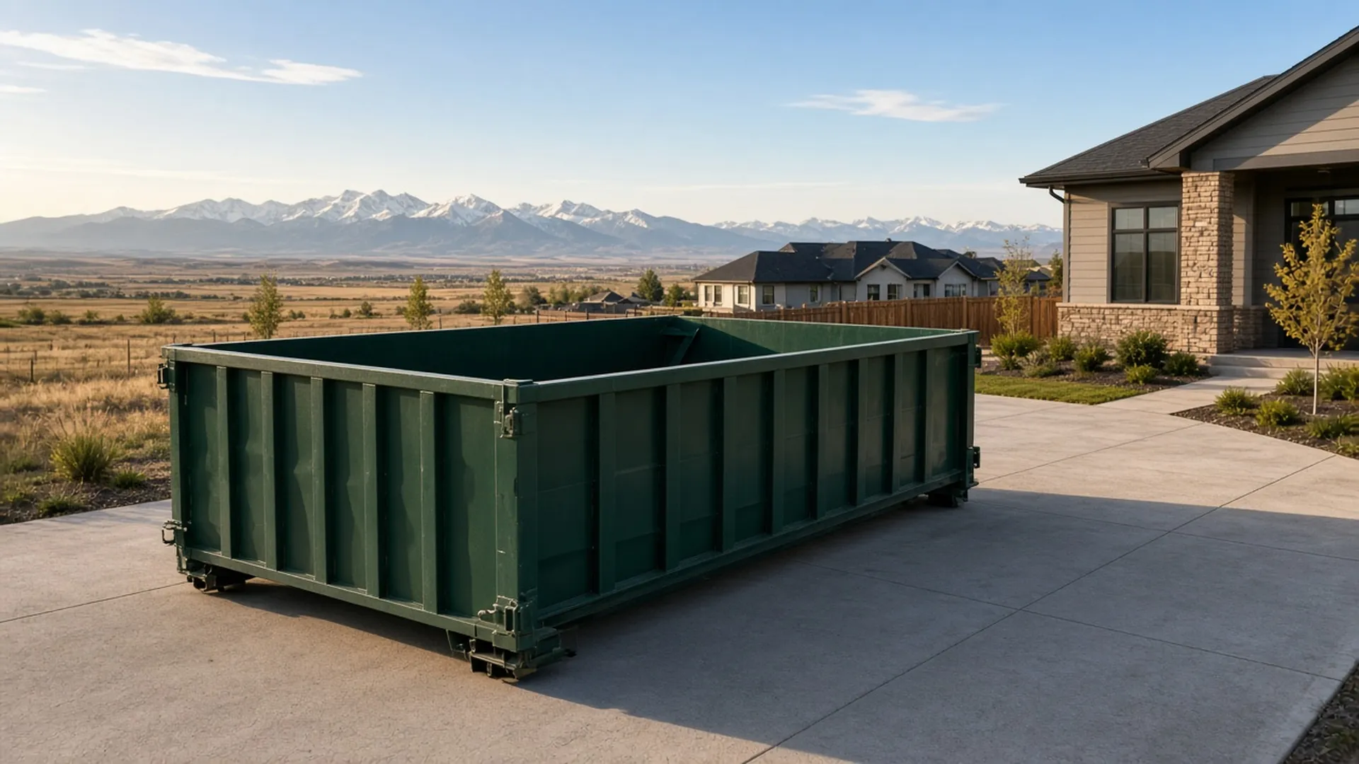 Dark green roll-off dumpster on a driveway with snowy Front Range peaks behind in Firestone, Colorado