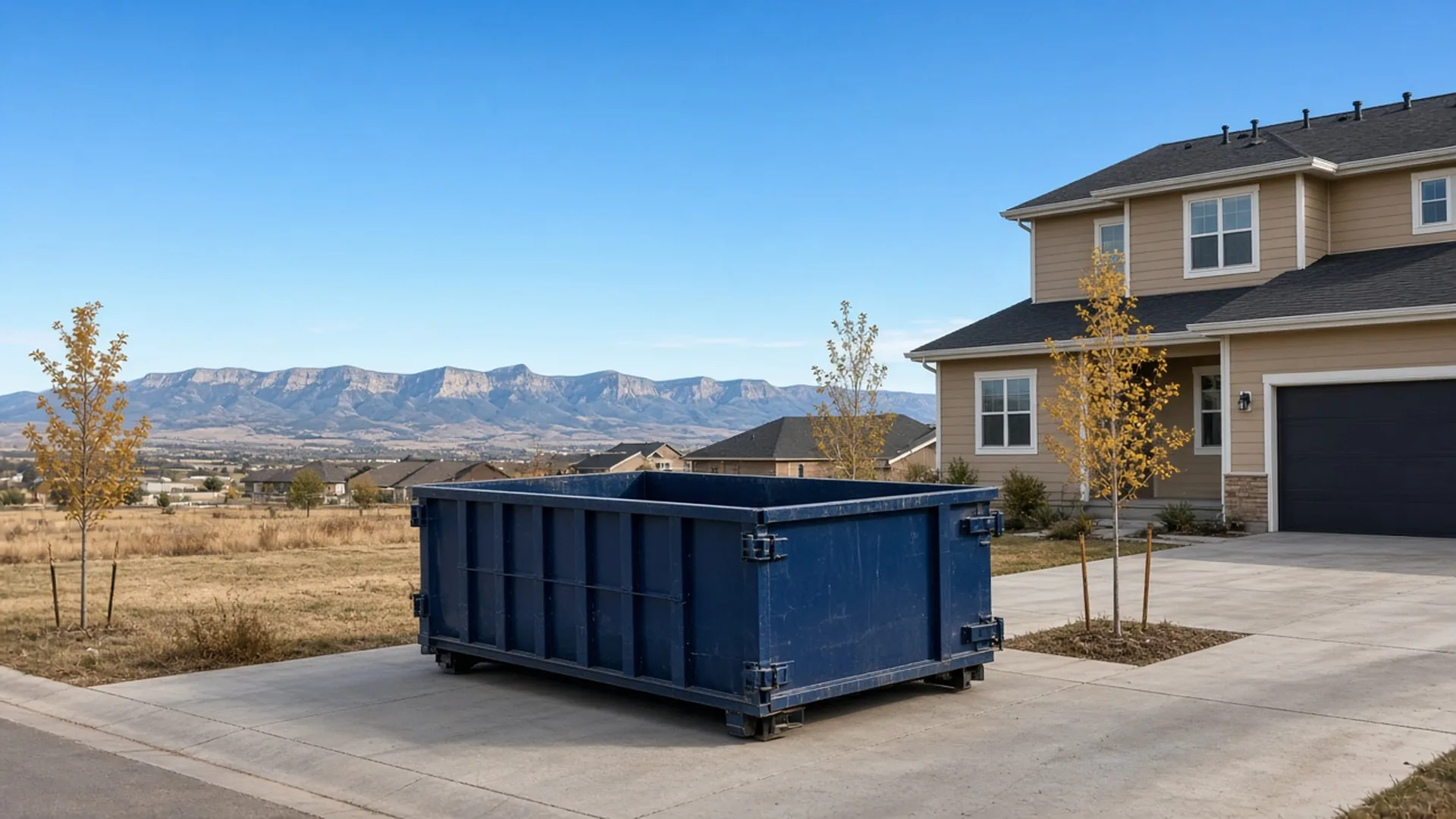 Navy roll-off dumpster on the driveway of a new two-story home with Front Range foothills behind in Frederick, Colorado