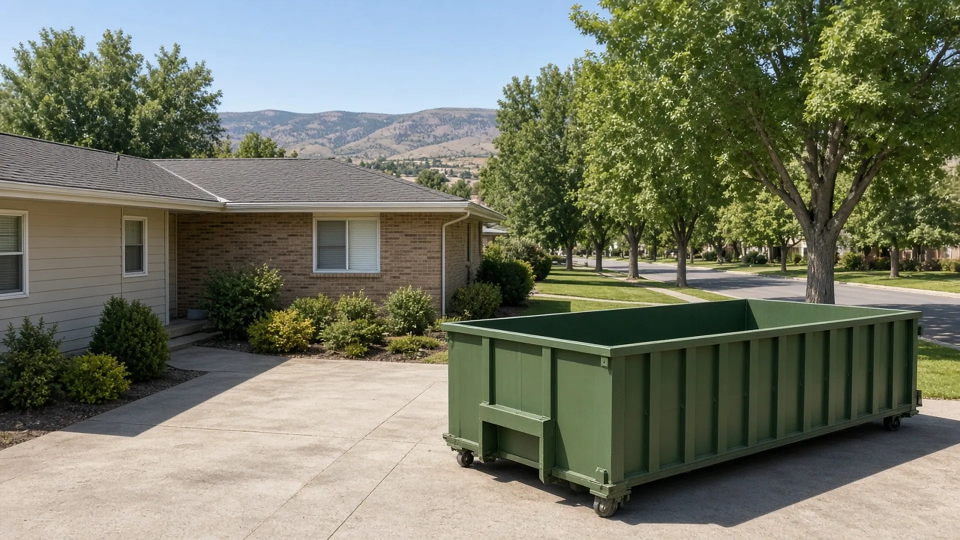 Green roll-off dumpster on the driveway of a 1960s brick ranch home on a tree-lined street in Lafayette, Colorado