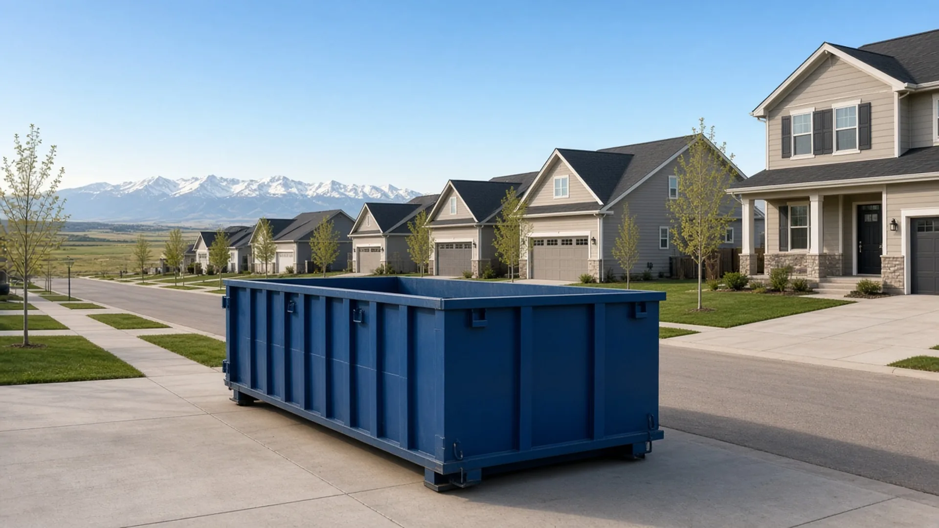 Blue roll-off dumpster in front of a row of new subdivision homes with snowy peaks to the west in Milliken, Colorado