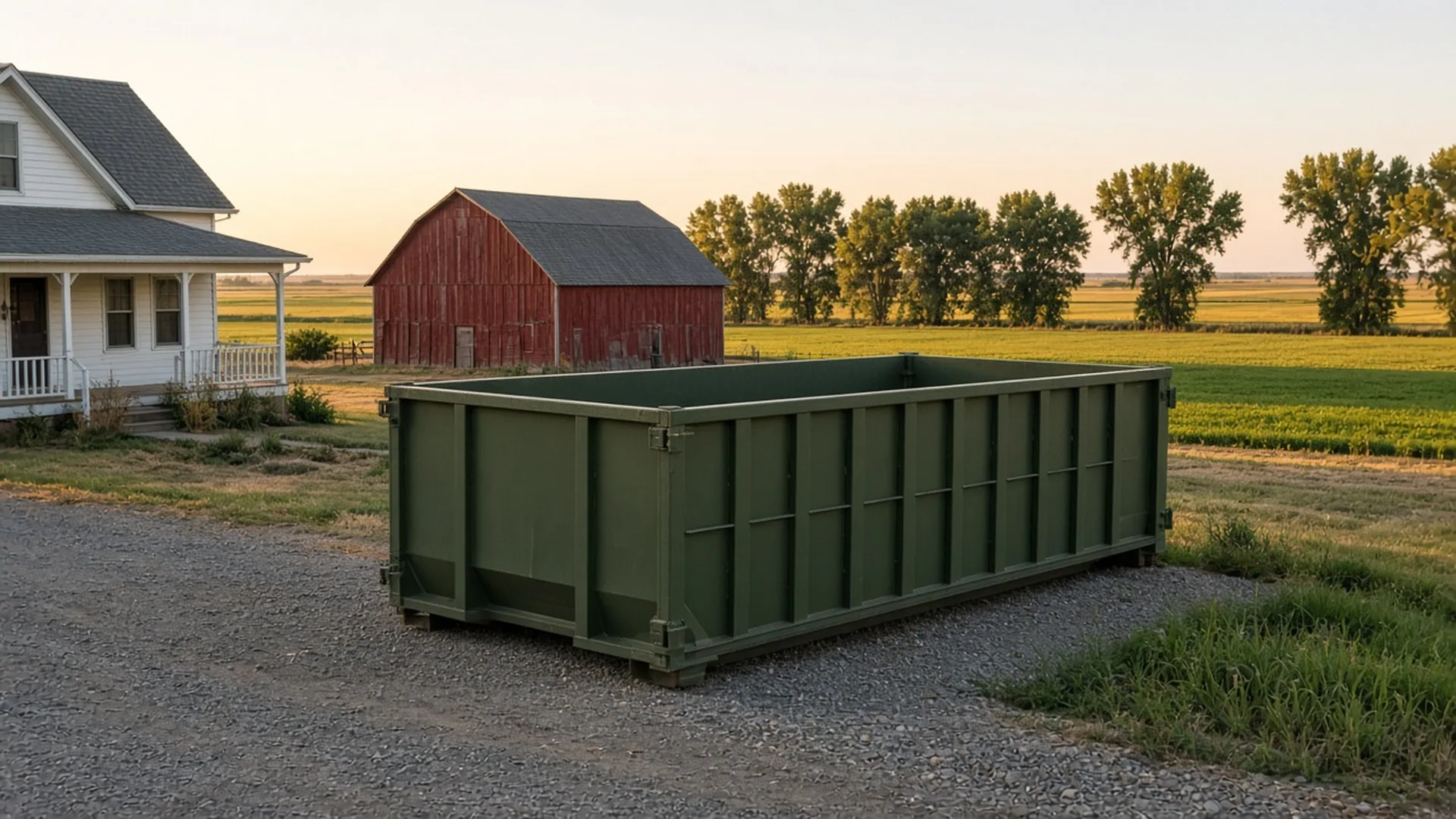 Green roll-off dumpster on the gravel drive of a farmhouse beside a red barn and fields in Platteville, Colorado