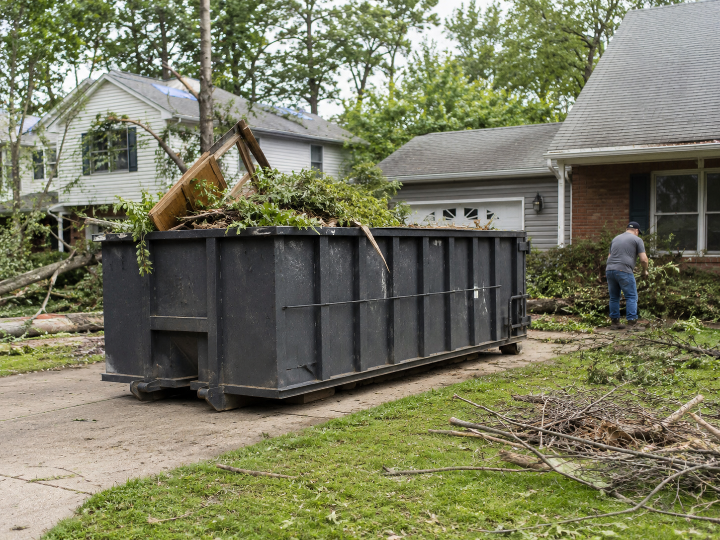 Storm cleanup debris and roll-off dumpster after severe weather