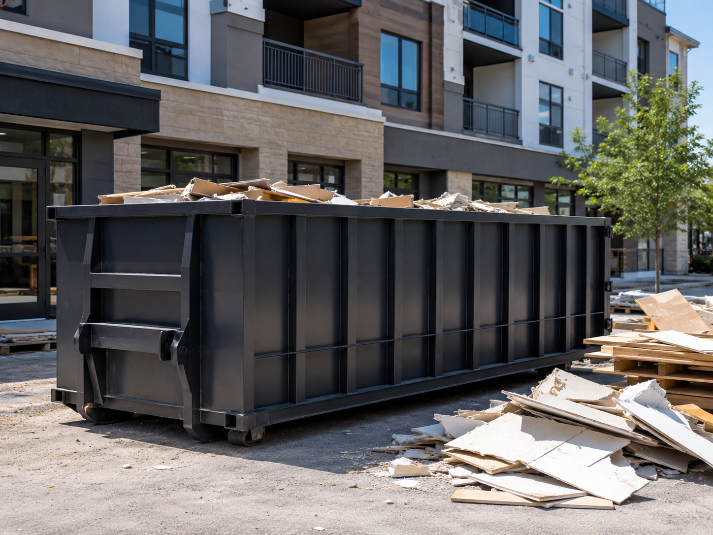 Commercial construction dumpster for business property cleanout and large debris removal